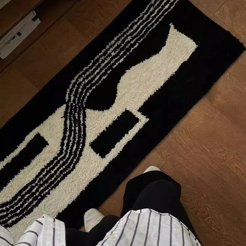 DDD Vintage Style Flocking Long Carpet Black Pile Floor Mat Living Room Bedroom Home Decor Rectangular Rug Anti-Slip Washable