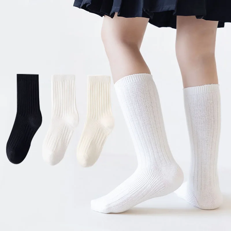 Warm New School Style Student Socks Black And White Children\'S Socks Double Needle Solid Color Kids Socks For Boys And Girls