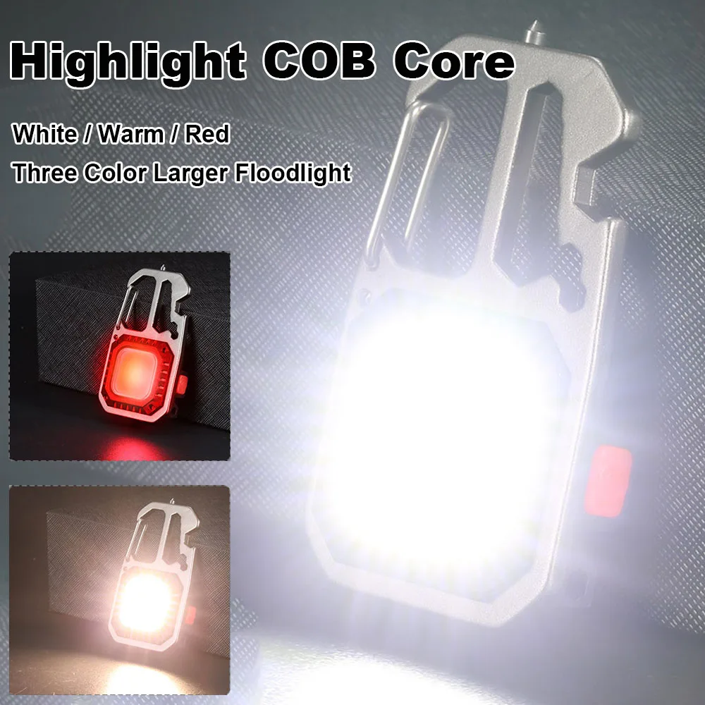 Mini LED Working Light Portable Pocket Flashlight USB Rechargeable Key Lamp with Folding Bracket Bottle Opener Keychain Lantern