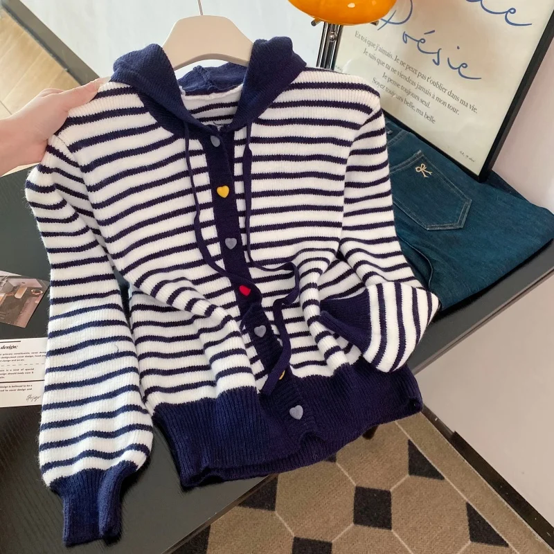 

Autumn Striped Knitted Cardigan Women Fashion Hooded Sweater Outerwears Long Sleeve Knitwears Winter Casual Jumpers New C170