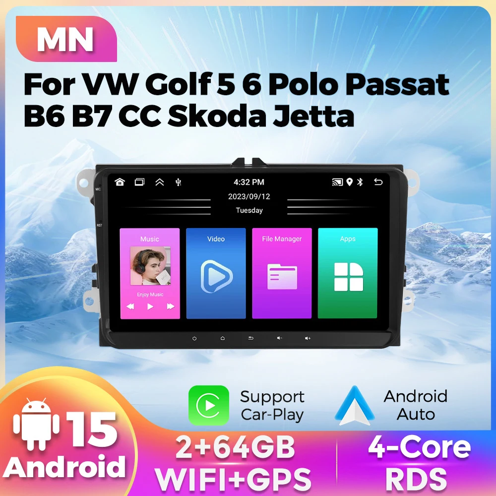 

Автомагнитола Navifly 2 Din Android 15 с GPS, 9-дюймовым экраном для Volkswagen VW Passat B6 B7 CC Tiguan Touran GOLF 5 POLO, Carplay