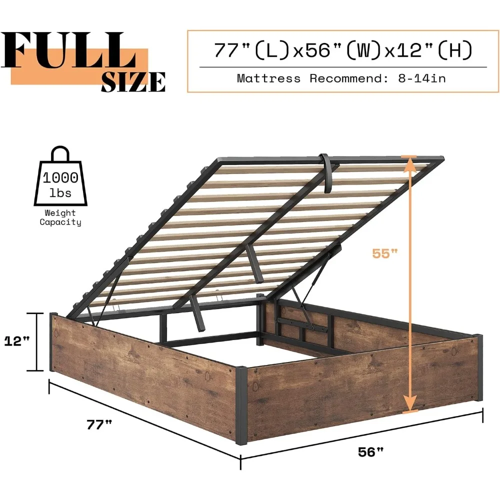 Lift Up Storage Bed, Full Bed Frame with Storage Underneath, Wooden Platform Bed Frame, Solid Wood Slats Support, No Fixed