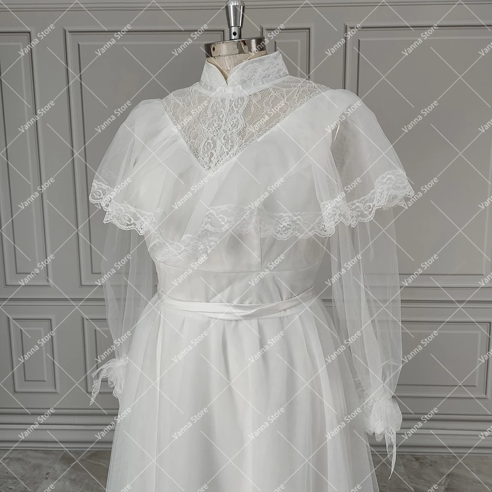 Robe de mariée édouardienne rétro victorienne, robe de patients en dentelle tulle, vintage, sur mesure, col haut, ligne A, manches longues, photos réelles