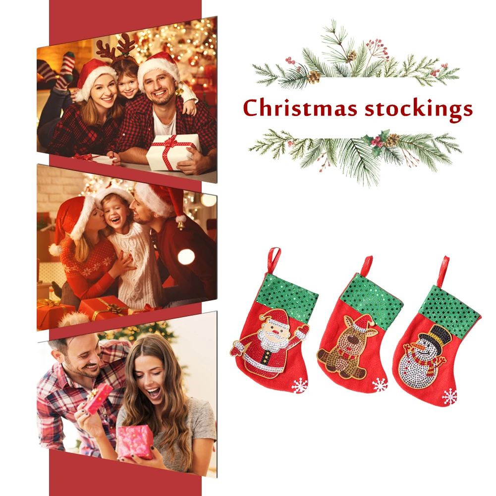 

3Pcs Diamond Mosaic Christmas Stockings Socks Hanging Ornaments Santa Claus Fireplace Xmas Tree Stocking Decor Candy Gift Bags