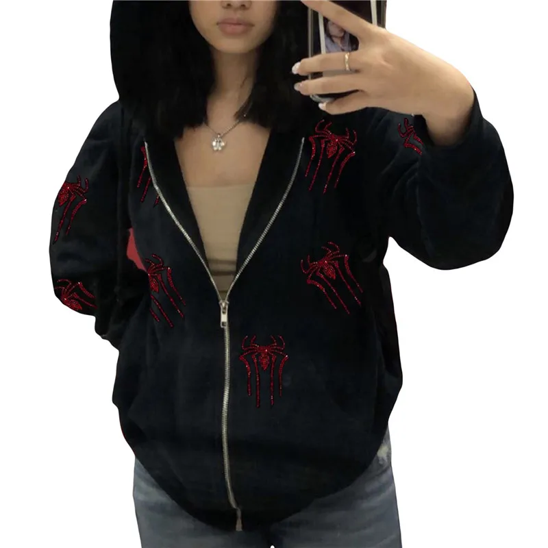 Y2K Rhinestone Spider Hoodies Women Gothic Hoodie Zip Up Casual Sweatshirts Punk Retro Harajuku Hooded Woman Jacket Streetwear