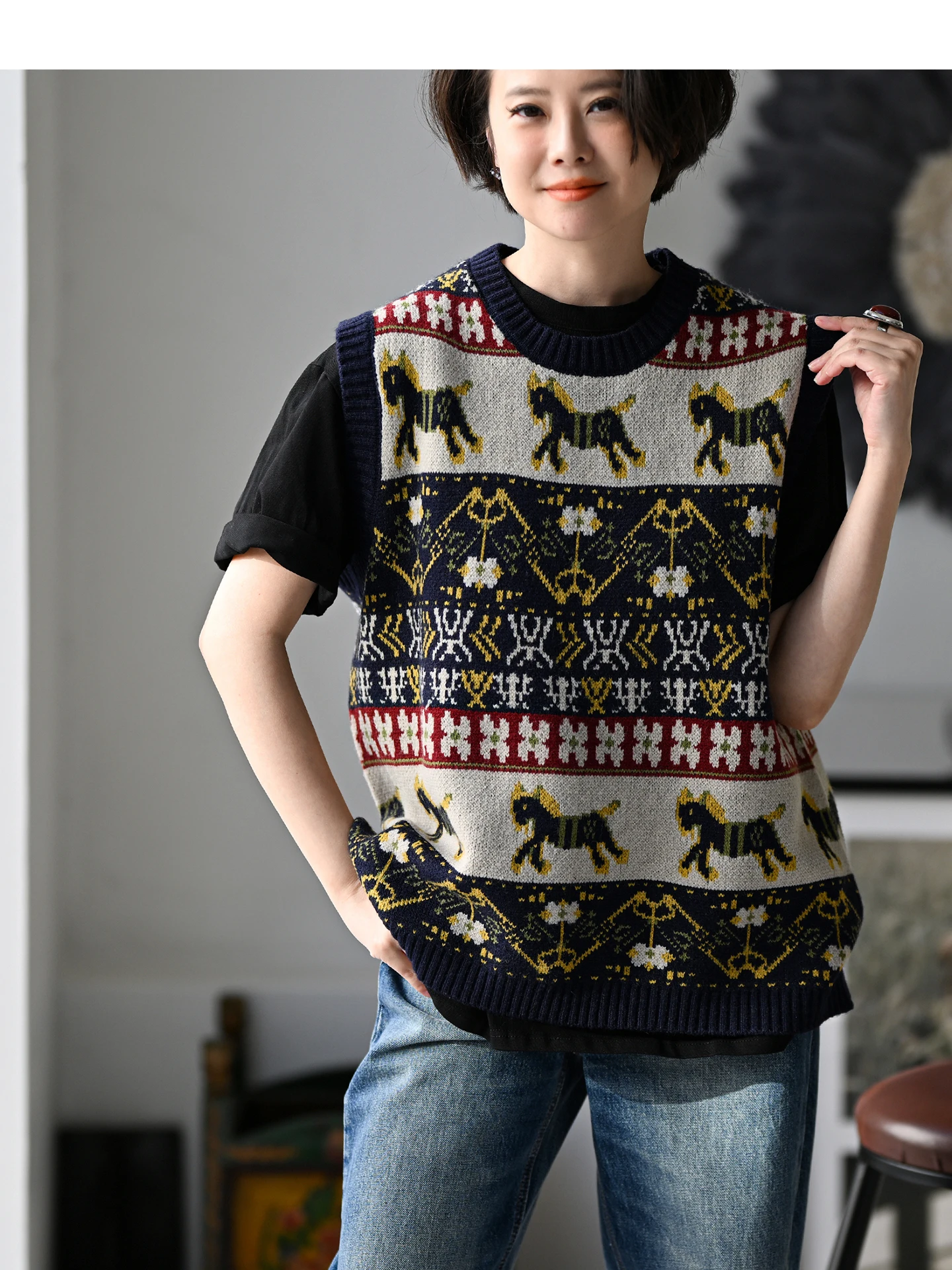 

Повседневный свободный вязаный жилет с круглым вырезом V620, художественный дизайн, цветные блоки, узор, теплая верхняя одежда для женщин на весну