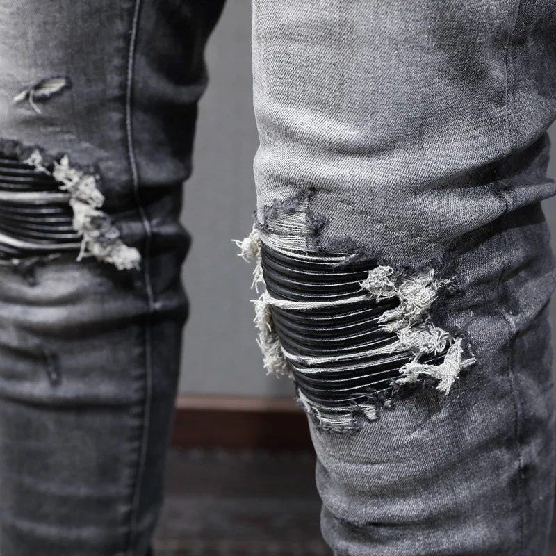 

Autumn New Men's Jeans Perforated Black Leather Patch Washed Nostalgic Black Jeans High Street Hip Hop Brand Elastic Splicing Je