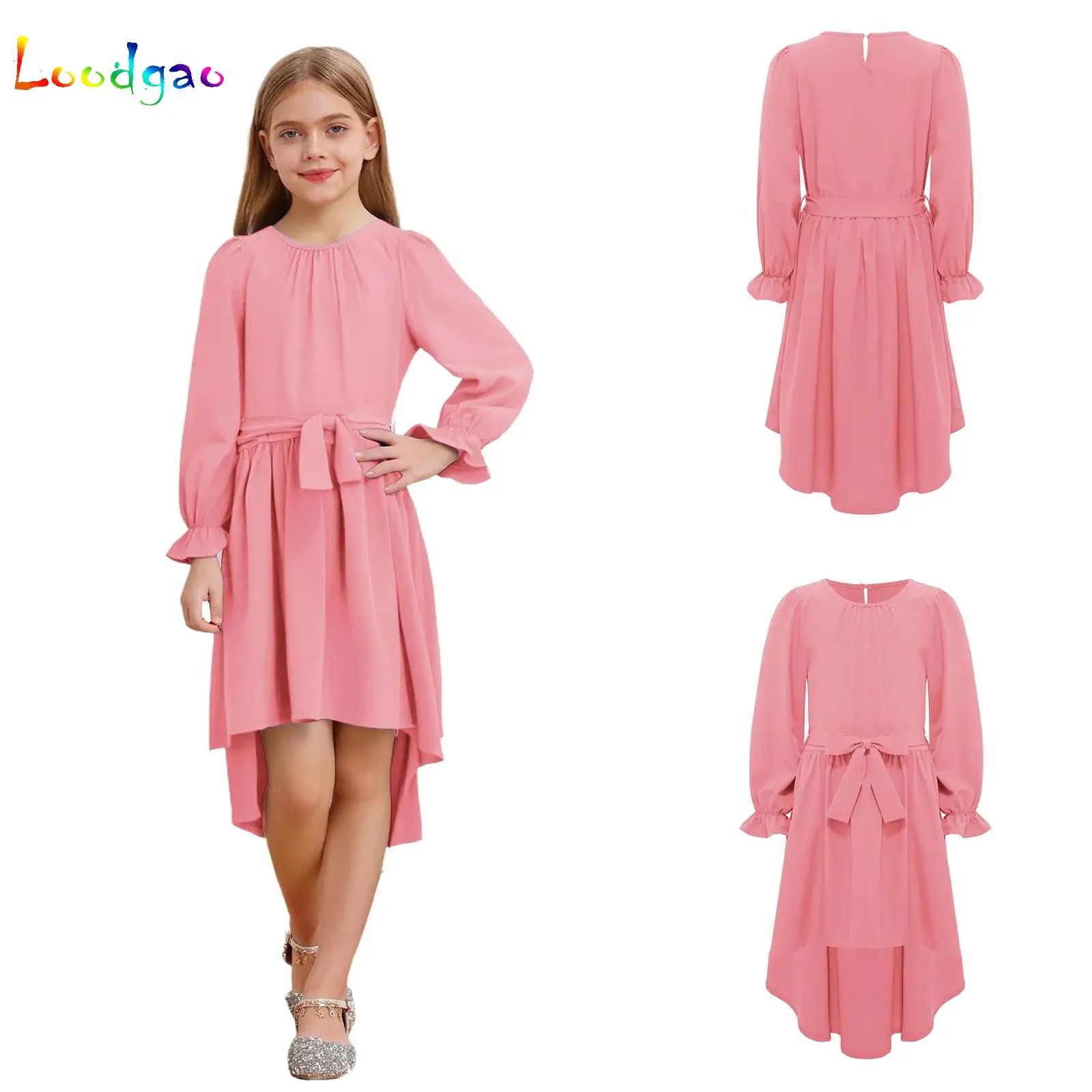 

Autumn Spring Girls New Solid Color Long Sleeved Long Dress Beach Party Birthday Casual Fashion Show Versatile A-Line Dress