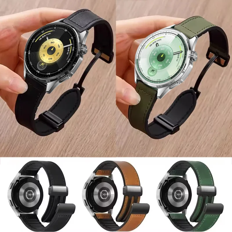 

22mm 20mm Silicone+Leather Strap For Huawei Watch 5/4/GT6-5-4/GT5-6 Pro 46mm Magnetic Buckle Band Galaxy Watch 7/6/5/4 Bracelet