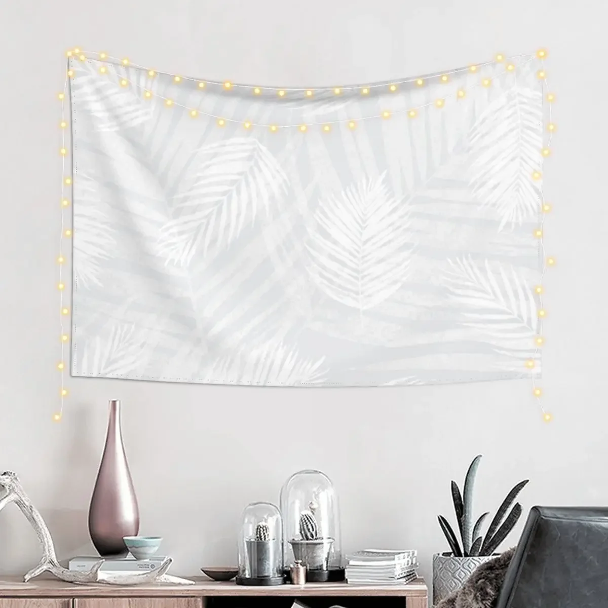 White Lino Print Palm Leaves on Soft Gray Background Tapestry House Decor Wallpaper Bedroom Tapestry