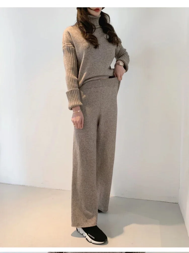 Women\'s Turtleneck SweaterSuit Autumn and Winter theNew Cashmere Sweater Knitted Wide-Leg PantsFashionable StylishTwo-Piece Suit