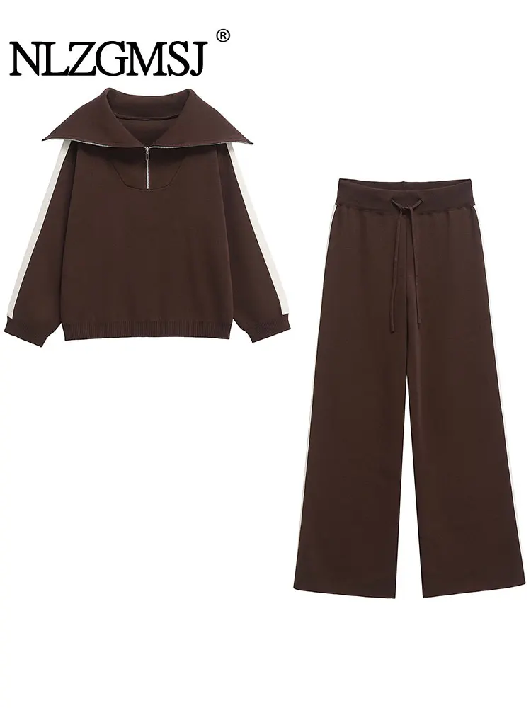 

Весенние элегантные женские комплекты 2023, однотонный вязаный свитшот на молнии с большими лацканами, свободные длинные брюки на шнурке, комплекты из двух предметов