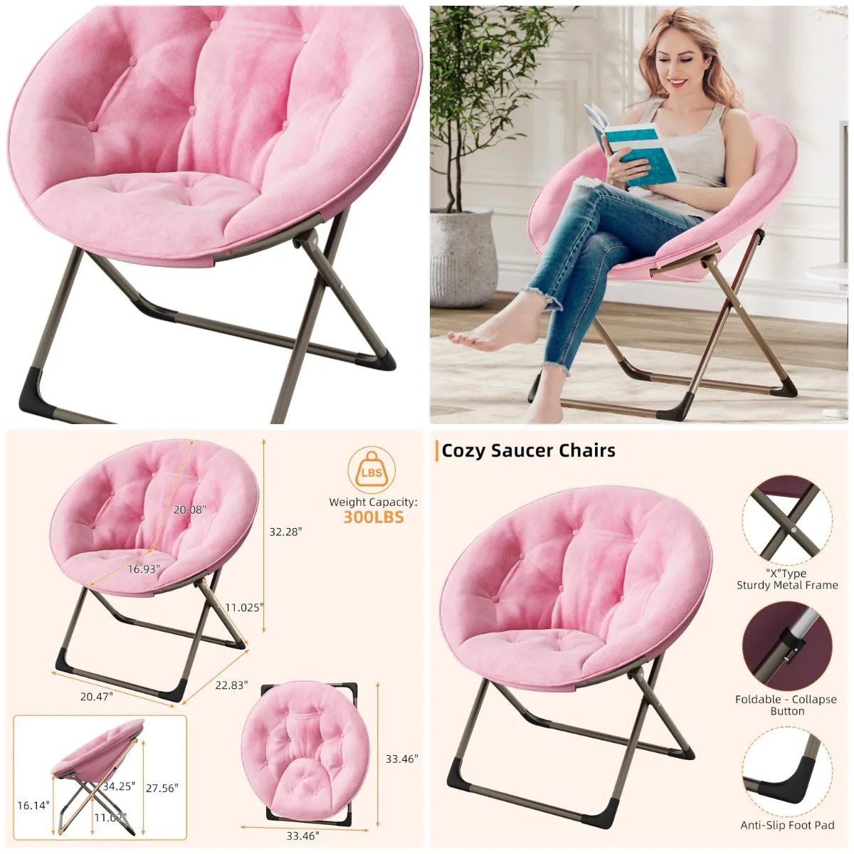 

Faux Fur Saucer Chair, Pink Foldable Lounge Chair with Metal Frame for Bedroom, Dorm, Living Room – Oversized Plush Seat