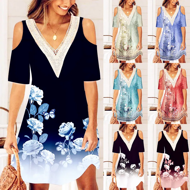 Nuove donne allentate vintage volant Befree vestito sexy foro estivo manica corta Boho casual festa festa eleganti abiti midi