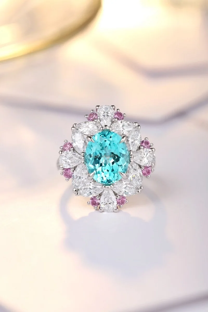 Ruif 925 Sterling Silver 5.65ct Lab Grown Paraiba Rings for Women Beautiful Flower 5A Zirconia Wedding Statement Fine Jewelry