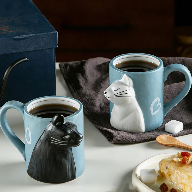 Set of 2pcs Ceramic Cat Pattern Mugs, 3D Relief Black & White Cat Design Blue Drinking Cup 310ml Coffee Mugs