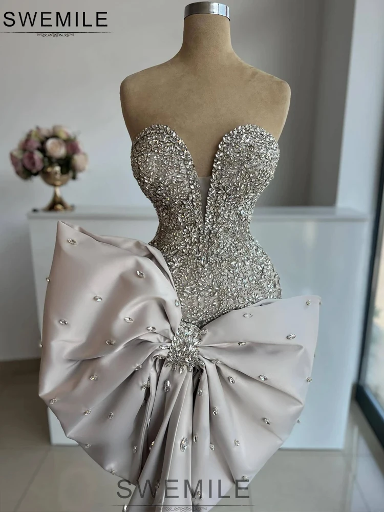 

SWEMILE Saudi Luxurious Diamond Sweetheart Strapless Mini Evening Dresses With Big Bow Dubai Short Party Gowns Homecoming Dress
