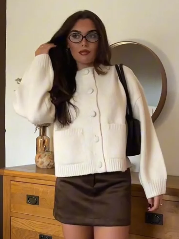 

Элегантный вязаный кардиган, женский однотонный однобортный карманный свитер с круглым вырезом и длинными рукавами, осень 202, женский повседневный трикотаж