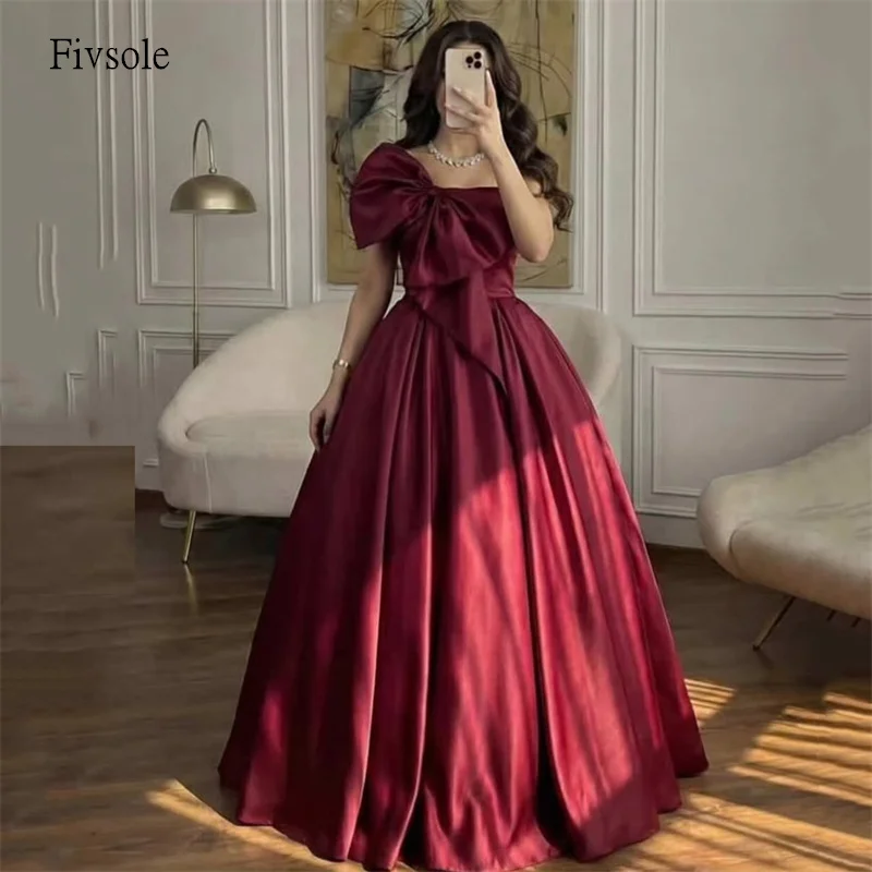 

Fivsole Simple Burgundy Bow Strapless A Line Prom Gowns Backless Party Gown Floor Length Evening Gala-ready Dress Customized