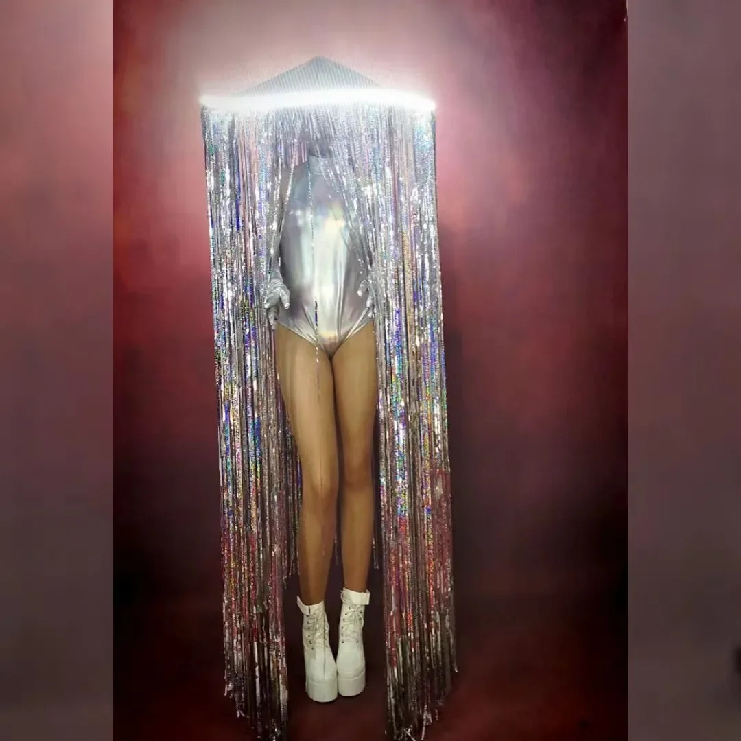 바 나이트클럽 고고 여성 가수 공연 코스튬, LED 발광 망토, 과장 술 모자, 공연 소품 바디 슈트 세트, 신제품