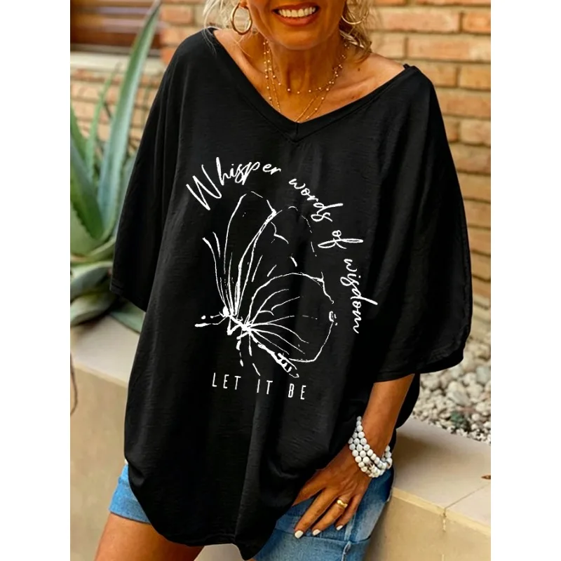 ilstile Women's Hippie Butterfly Letter Print T-Shirts Summer Short Sleeve Casual Loose V Neck Long Tops Tees New Arrival