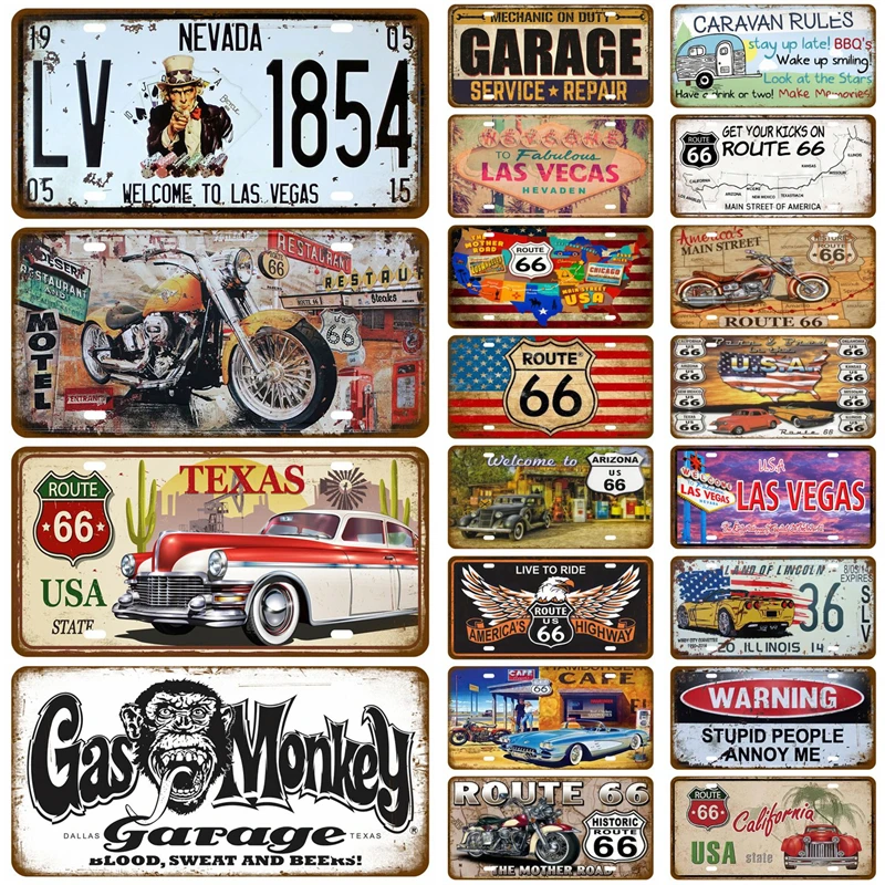 Route 66 Arts Plate Garage Tin Sign Poster Vintage Car Metal Sign Art Bar Club Plaque Home Tire Shop Wall Art Decor Gas