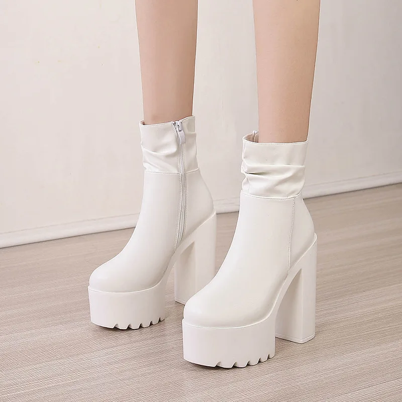 

CICIYANG Women's Leather Boots 2024 Winter 14cm Super High Heel Platform Shoes Ankle Boots Marton Short Boots Black White Boots