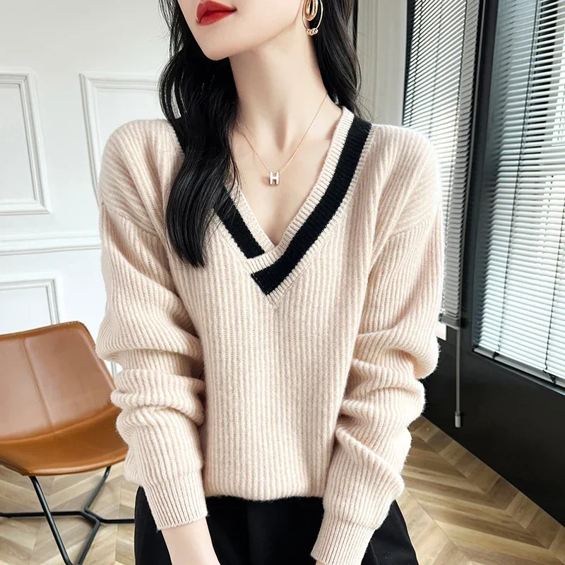 

Retro Cashmere Sweater Women Contrasting V-Neck Sweater Women's Autumn Winter Loose Casual Knitted Top Winter Clothes Women 2024