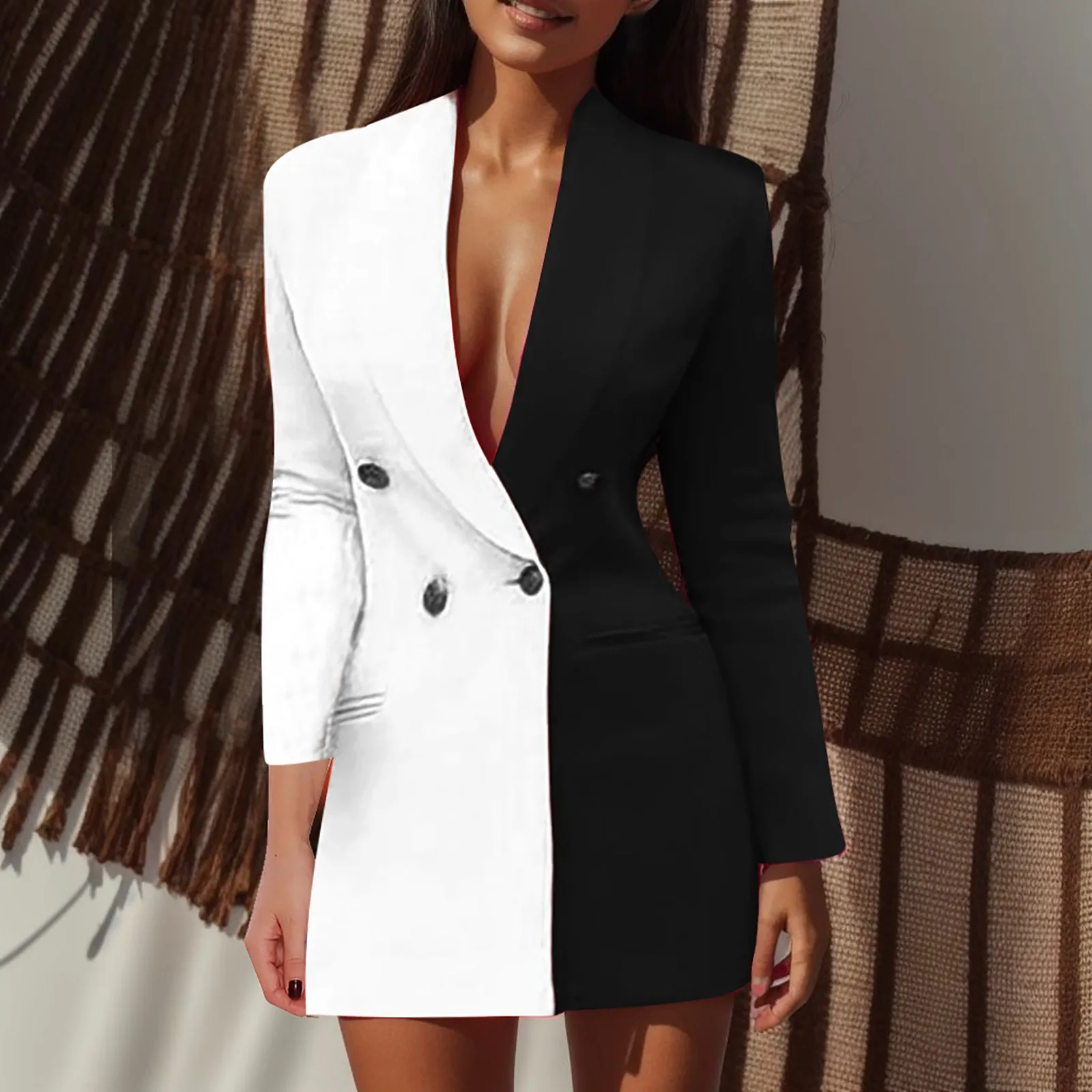 2024 Women Office Dress Colorblock Patchwork Long Sleeve Blazer Dress Sexy V Neck Double Breasted Slim Blazer Dress Spring