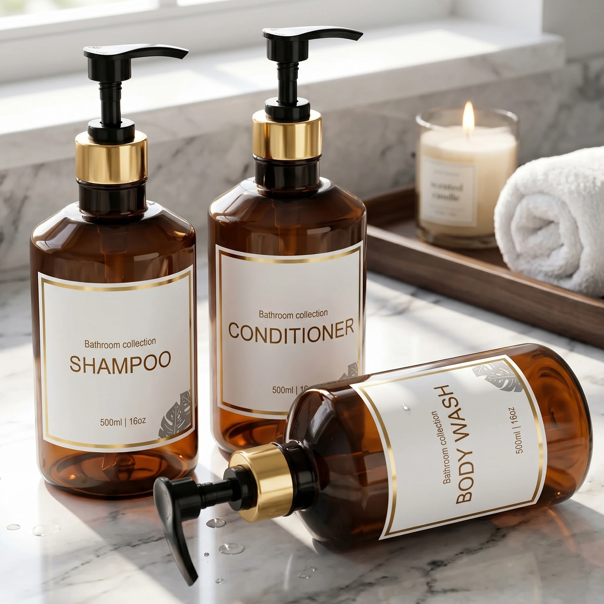Shampoo and Conditioner Dispenser for Shower and Guest Bathroom Amber Plastic Refillable Pump Bottles for Shampoo Shower Gel