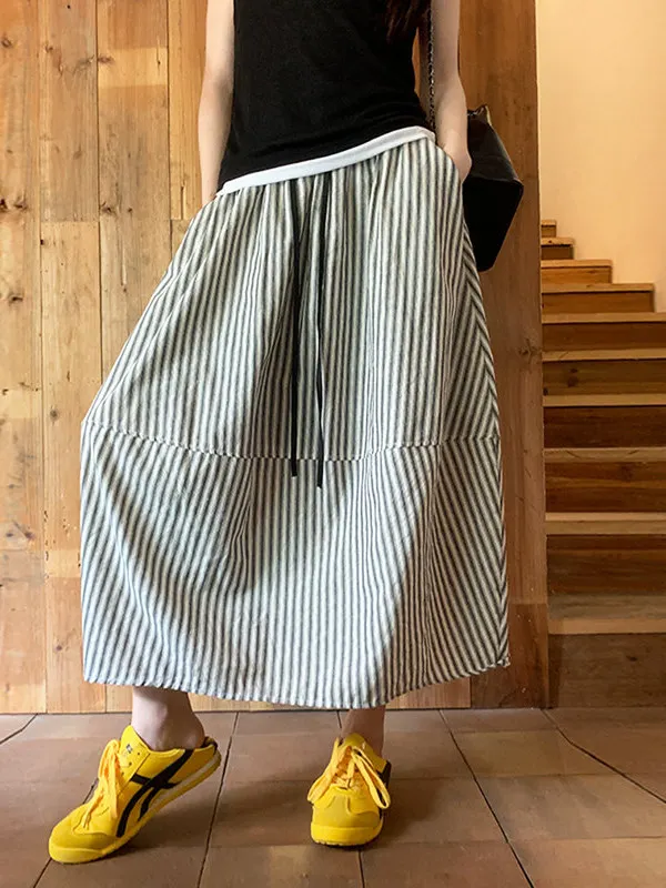 

High Waist A-Line Midi Skirt plus Size Floral Print Summer New Style Slimming Hip Covering Stripe Pattern Korean Style Half B...