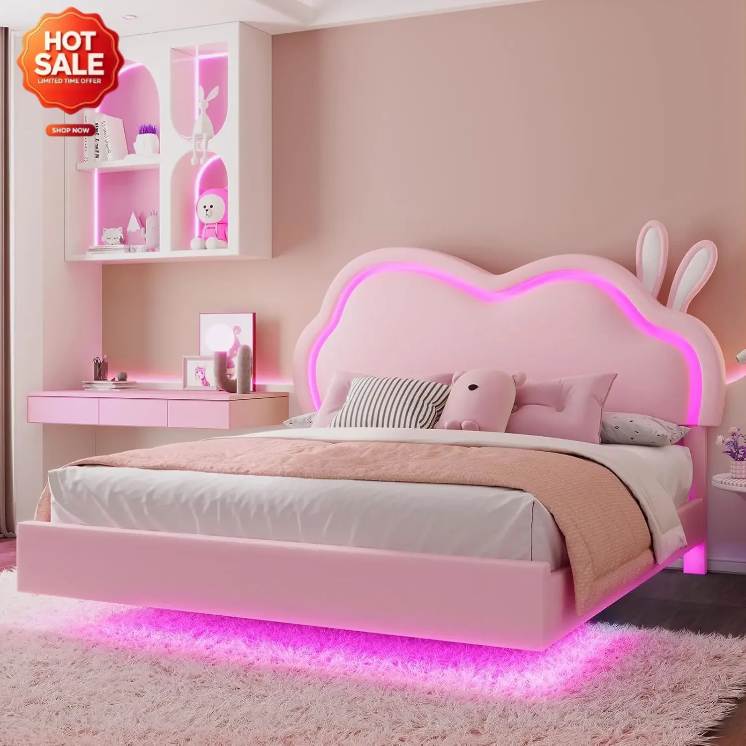 Twin Floating Bed Frame with Adjustable Headboard for Kids, Pink | Faux leather upholstered, LED lights, Detachable bunny ears,