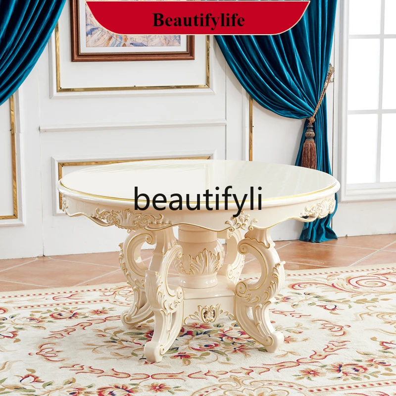 Q132 Style Round Solid Wood Dining Table and Chairs with Marble Turntable, Premium American Style Round Table for Home Use