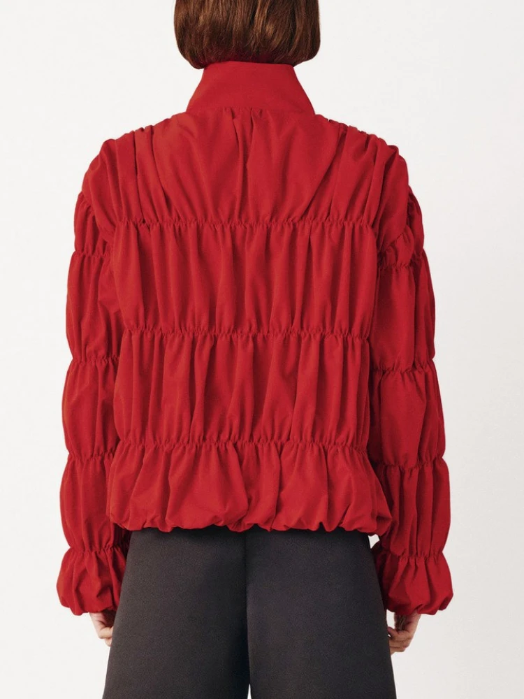 Women's Cropped Pleated Jacket Coat - Stand Collar, Long Sleeve