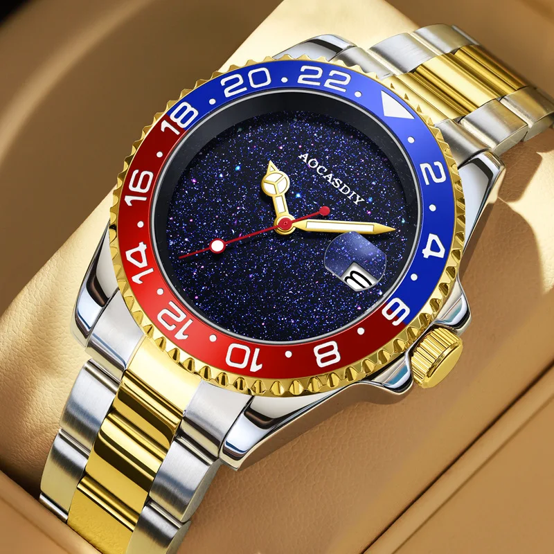 

Мужские автоматические часы в дайверском стиле — красный/синий безель, стальной браслет и суперсветящийся