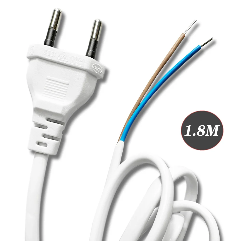 1.8M 220V White 2 Pin Prong EU Stripped Extension Cable SR Power Supply Cord European America AC Power Cable