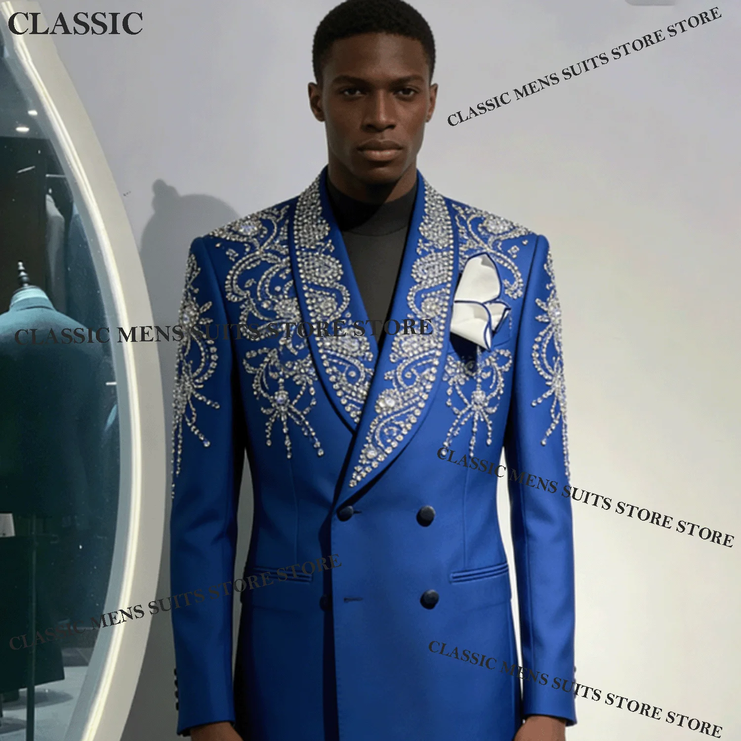 

Glitter Diamond Crystal Men suits For Wedding Groom Double Breasted Male Prom Party Customized Blazer 2 Pieces Sets Tuxedos Slim