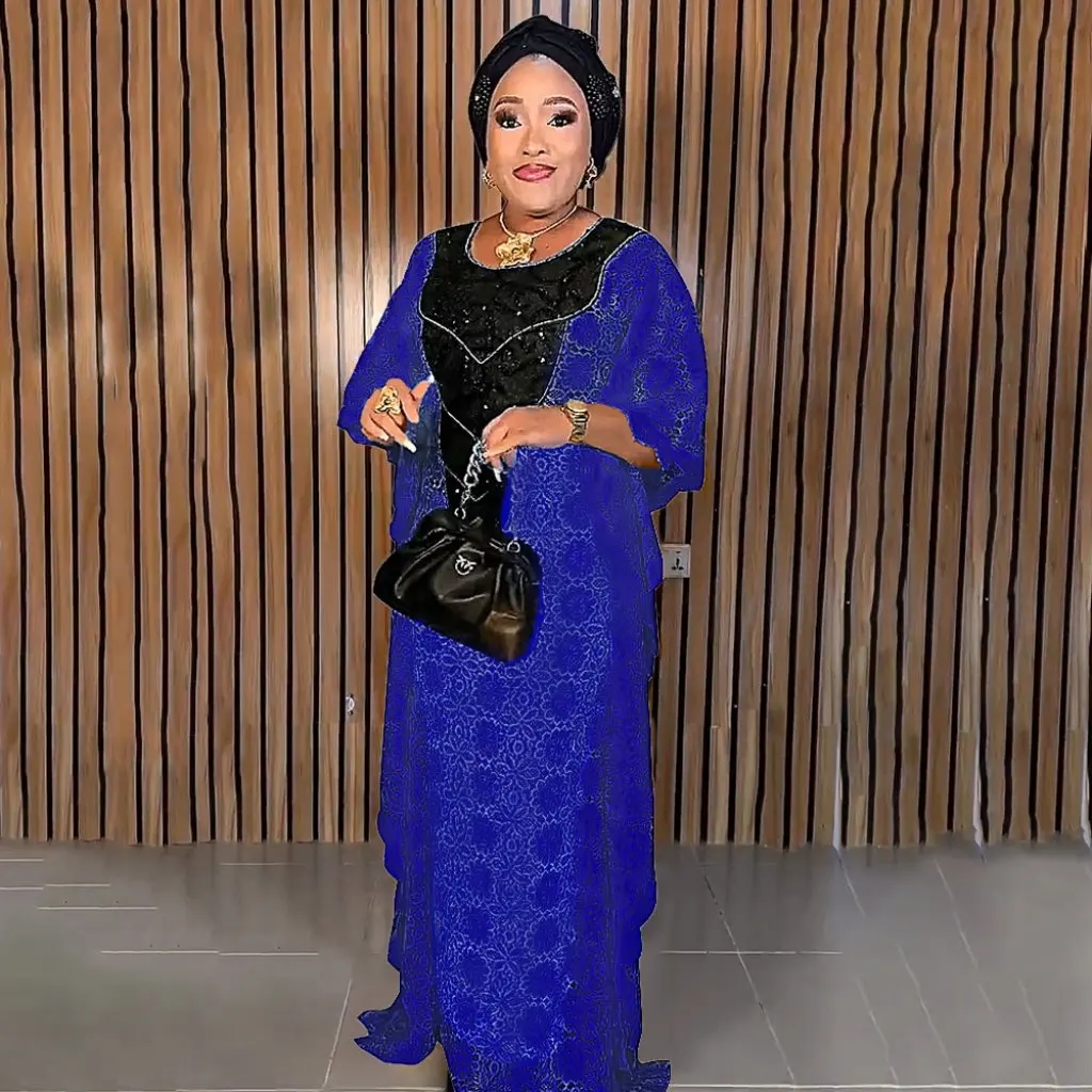 فستان دانتيل نسائي أفريقي مقاس كبير مع أكمام خفاش وخط عنق مثقاب ساخن من أجل