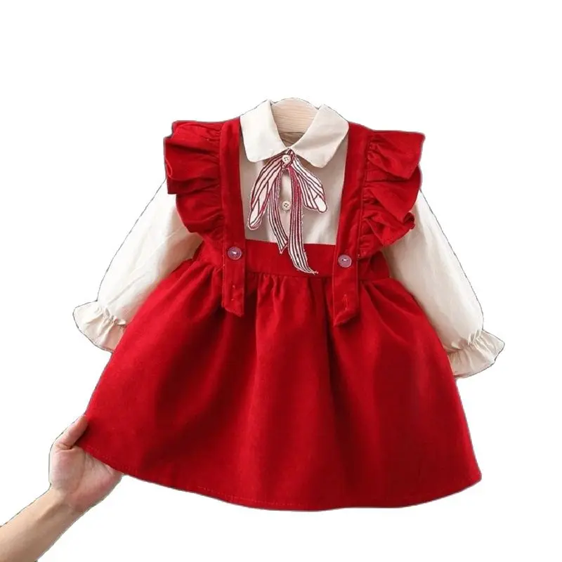 

Spring and Autumn Girl's Long Sleeve Shirt+Lace Strap Dress Two Piece Cotton Baby Party Princess Dress Newborn Clothing 0-4 Year