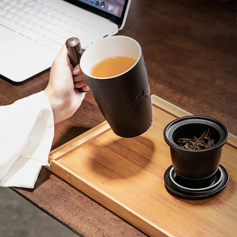 Ceramic Mugs Retro Tea Cup Luxury Large Capacity with Cover Wooden Handle Office Thermal Mug Personalized Gifts Home Drinkware