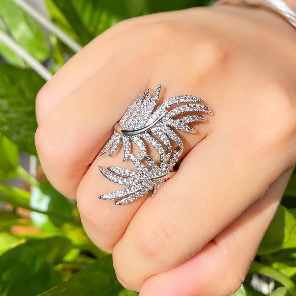 CWWZircons Adjustable Micro Pave Cubic Zirconia Big Feather Long Finger Rings for Women Chic Summer Party Jewelry Accessory R228