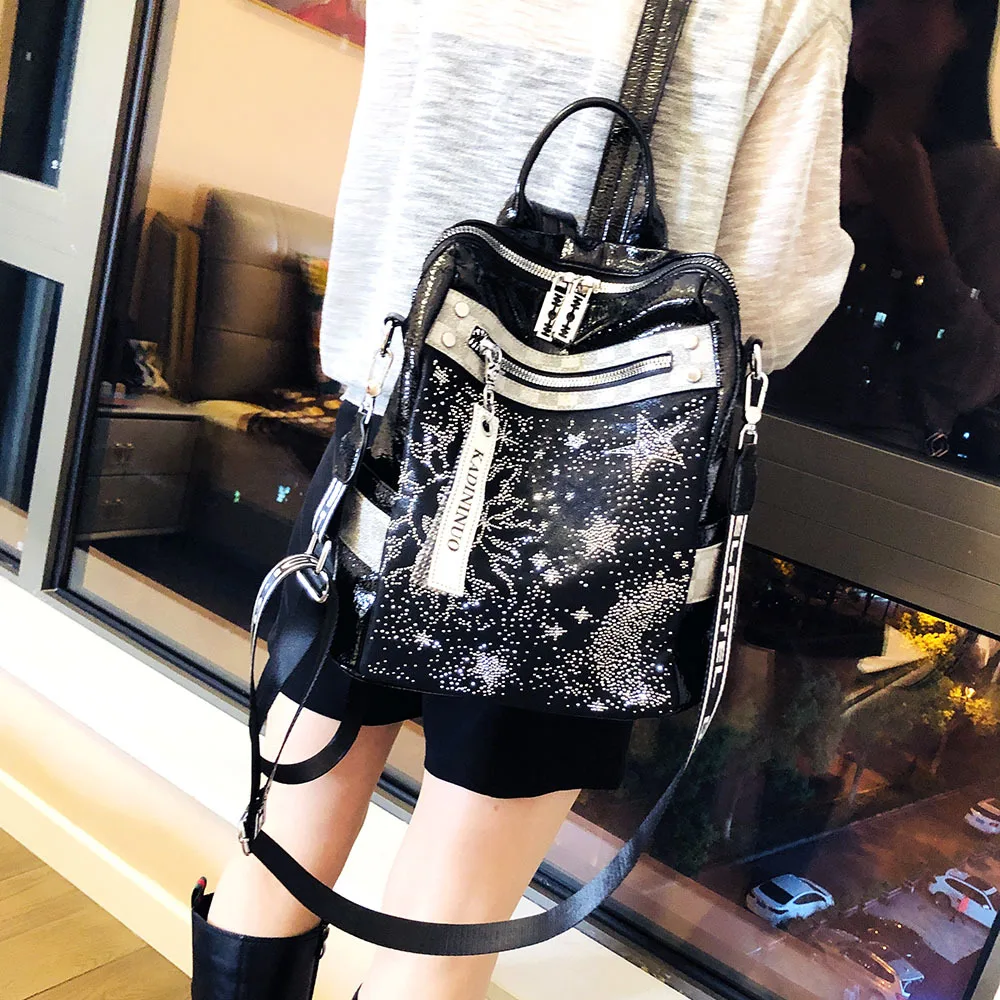 Women Backpack Fashion Shiny Rhinestone Leather Multifunctional Shoulder Backpack Luxury Designer Casual Large Capactiy Bagpack