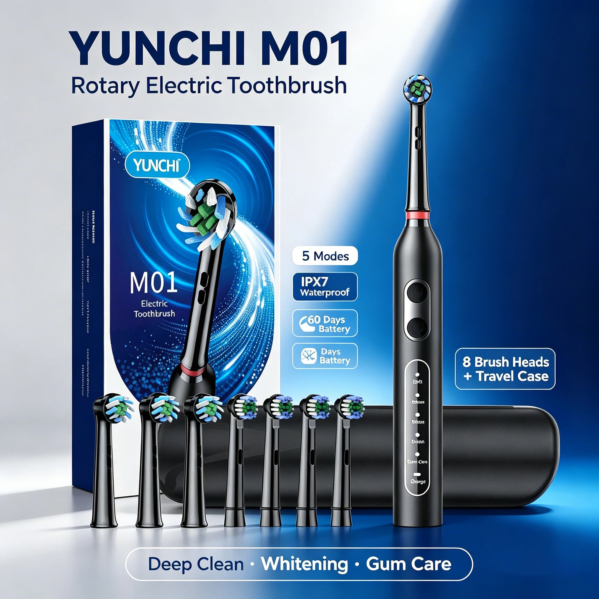 Image of YUNCHI M01 Wiederaufladbare Rotierende Elektrische Zahnbürste 40000 U/min 5 Reinigungsmodi 2-Minuten-Timer Wasserdicht Mit 8 Bürstenköpfen Tragbare Reisebox