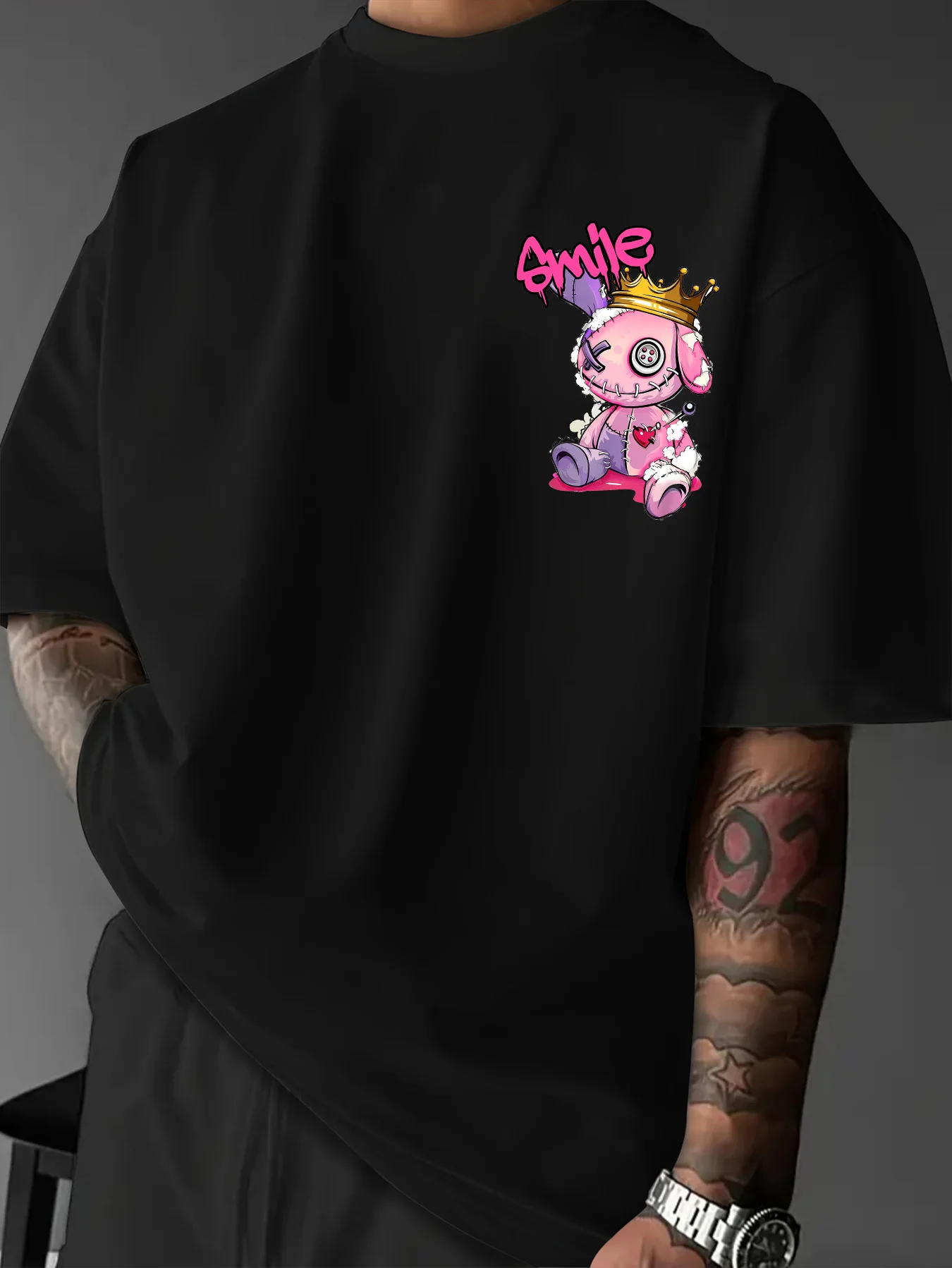 Men's Y2K Oversized T-Shirt, Pink Purple Stitched Voodoo Rabbit Graffiti Text Back Print, Polyester, Casual Outdoor, S-XXL