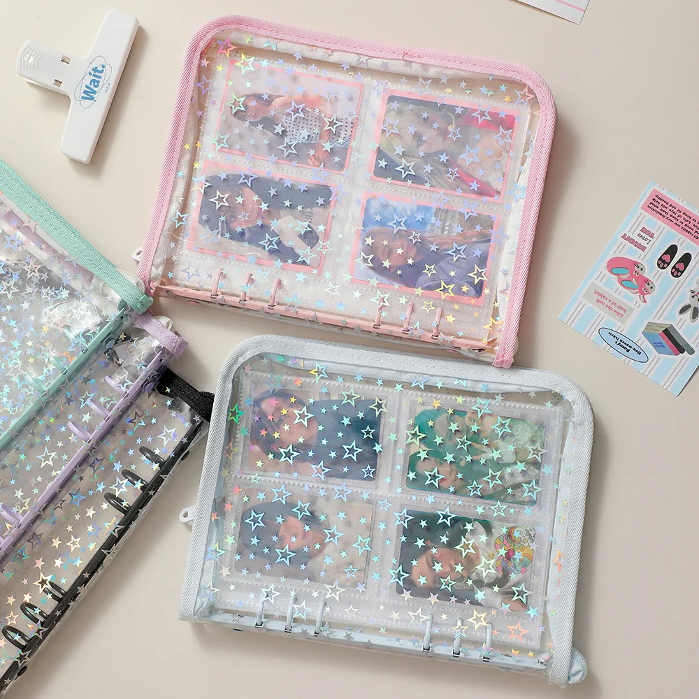 A5 Laser Star Zipper Binder Photocards Girl Ins DIY Journal Diary Transparent Kpop Idol Card Photo Album Collect Book Stationery