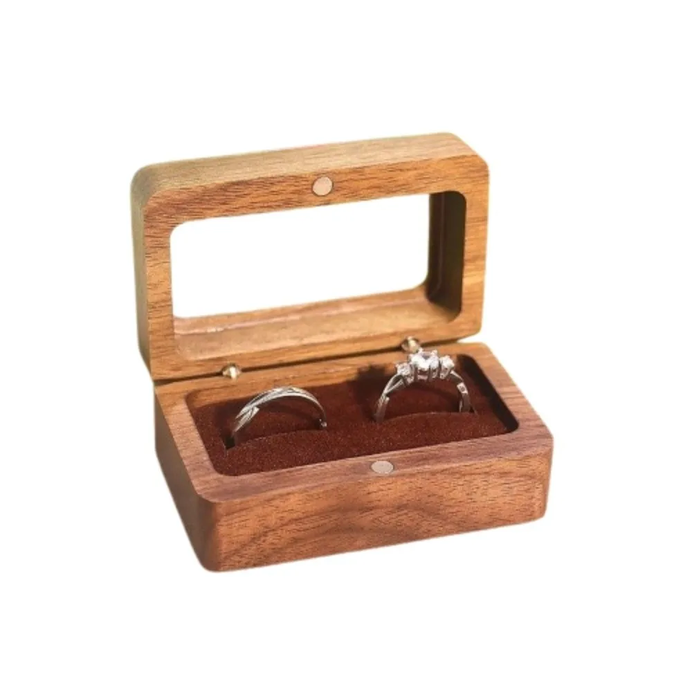 Double Slot Wooden Ring Box Rectangular Dustproof Black Walnut Cufflinks Box Exquisite Opening Window Jewelry Ring Holder