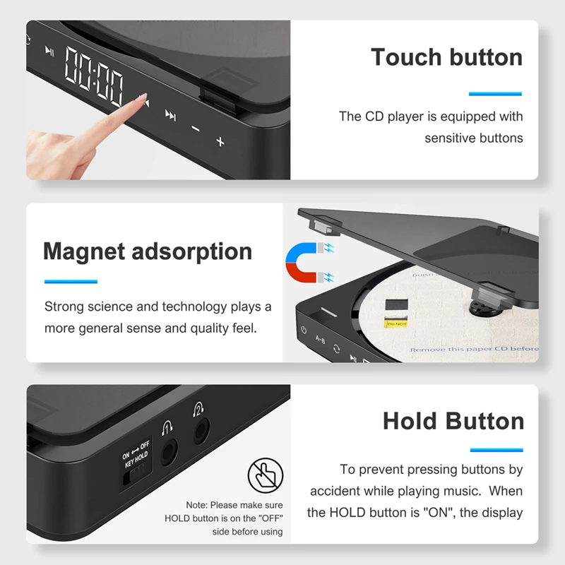 مشغل أقراص مضغوطة رياضي محمول مدمج، زر لمس، مشغل قرص قابل لإعادة الشحن، سماعات أقراص مضغوطة مزدوجة، سماعات أقراص مضغوطة وكمان