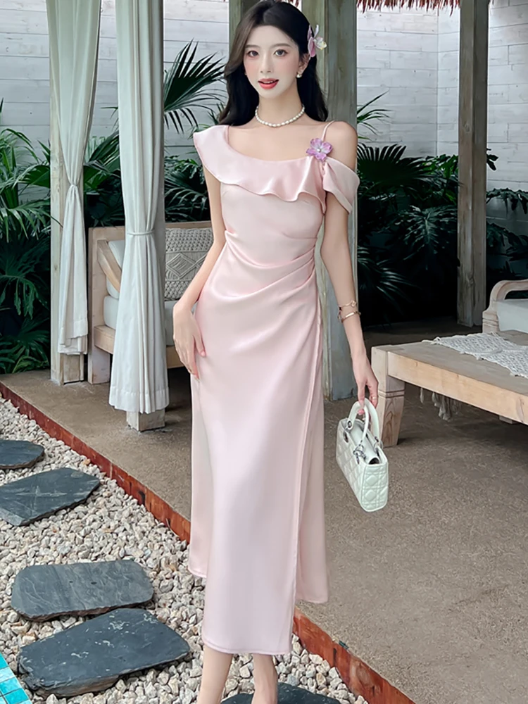 

Women Pink Satin Chic Off Shoulder Sexy Sling Dress 2025 Elegant Luxury International Dress Summer Korean Bodycon Evening Dress