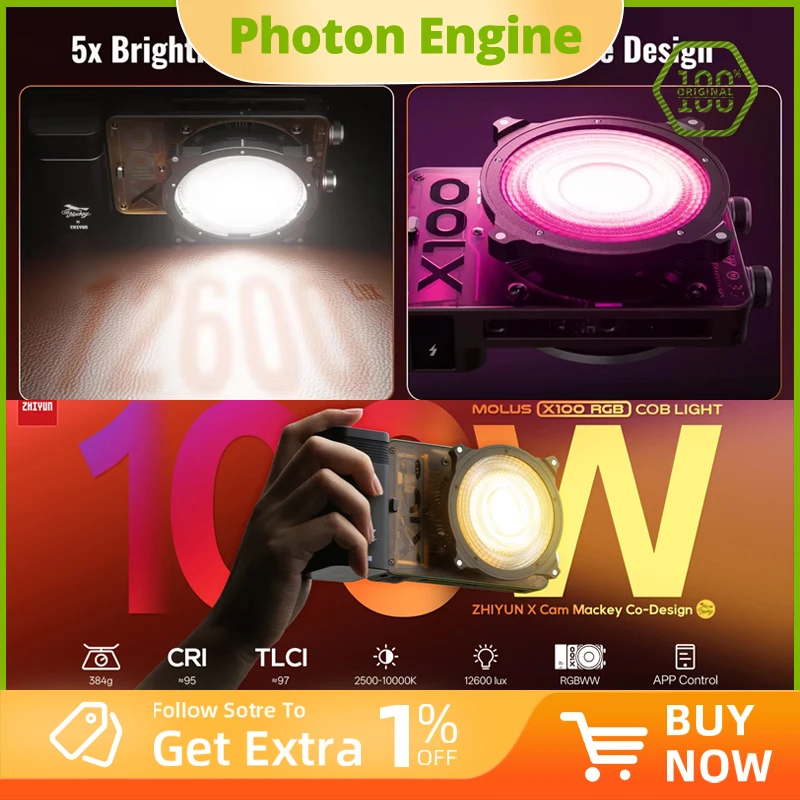 

ZHIYUN Molus X100 RGB светодиодный светильник APP Control 2550 мАч аккумулятор портативное освещение для фотосъемки для студии Vlog Live Stream