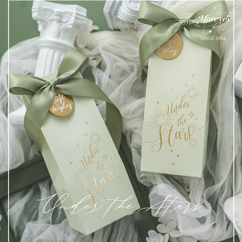 

50 PCS Wedding Favor Boxes For Guests In Bluk Elegant Sage Green Bonbonniere With Satin Ribbon Gold Tag For Out Door Wedding